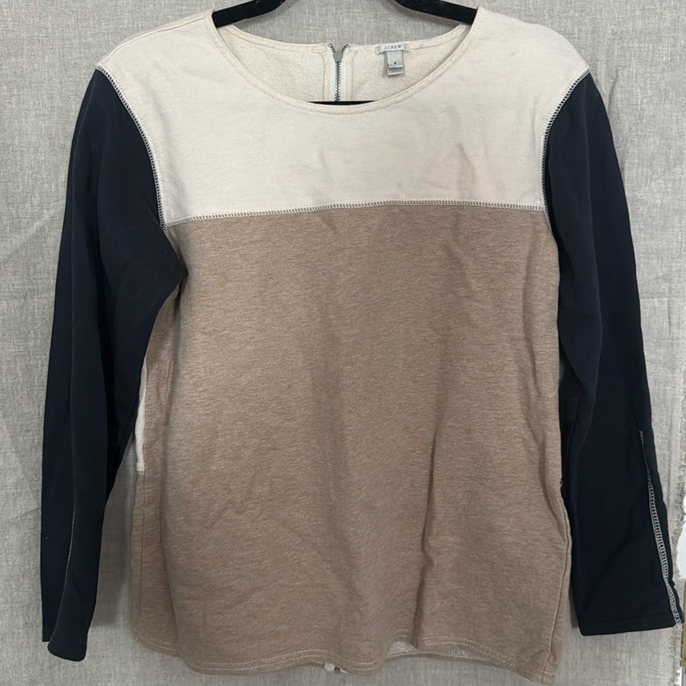 J. Crew Blue Tan Cream Color Block Zipper Back 100% Cotton Top Size S